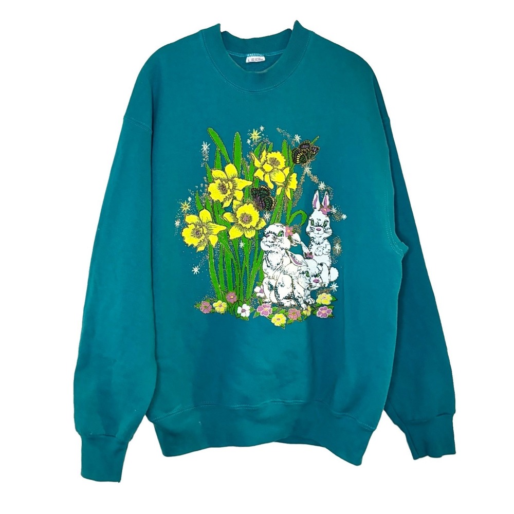 Vintage Teal Easter Butterfly Flowers Sweatshirt L/XL Cottagecore Grandma Core